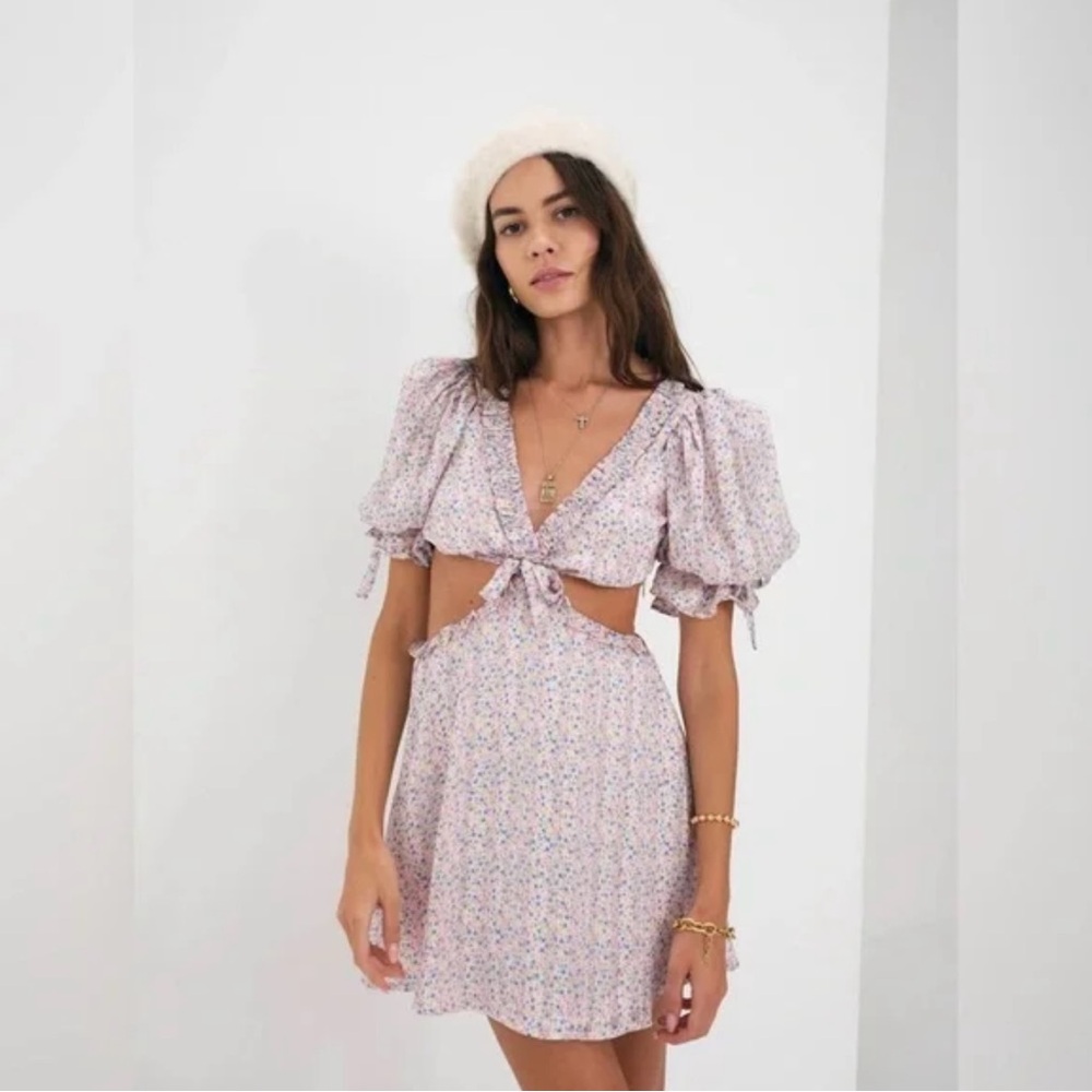 For Love & Lemons Phoebe Mini Dress With Puff Sleeve Cut Outs Tinsel Small NWT